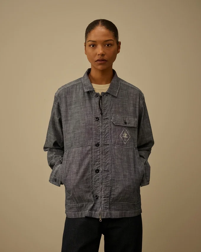 Chambray-overhemd met lange mouwen en ritssluiting