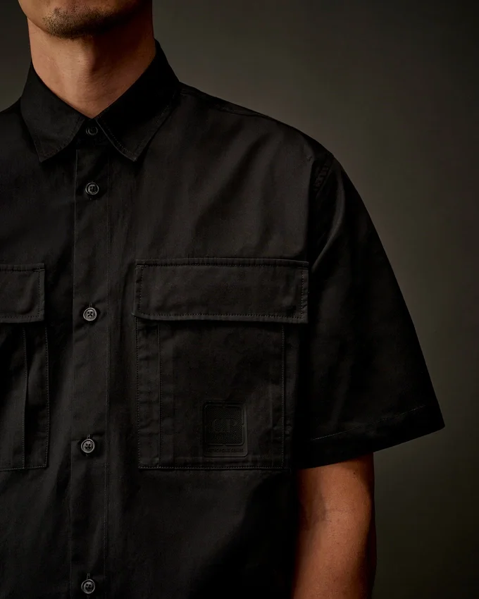 Metropolis Series gabardine overhemd met korte mouwen en knoopsluiting
